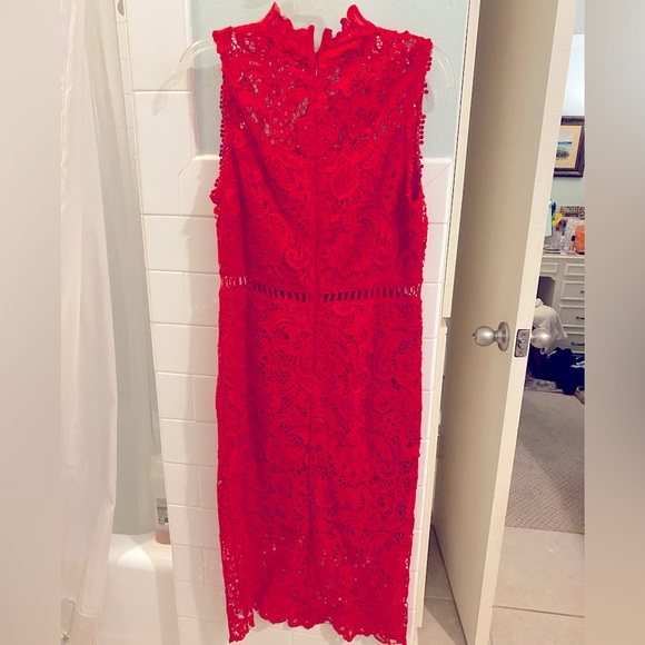 NWT Main Strip Red Lace Midi Length High Neck Dress sz Large L - Picture 2 of 4